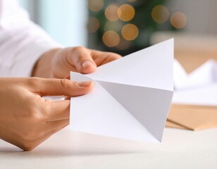 Woman Folding White Paper Into Triangle Shape