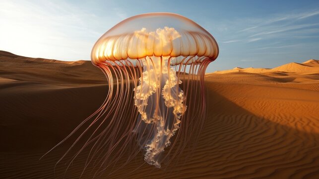 A large jellyfish floating above the sand dunes in a vast desert landscape at sunset time - Powered by Adobe