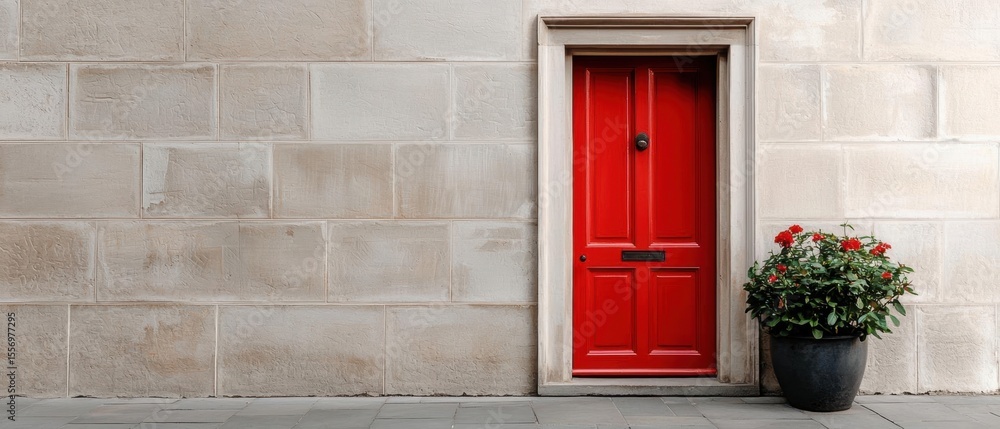 Poster red door on a beige-colored wall. the door is rectangular in shape and has a black handle on the top