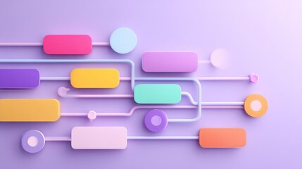 Pastel colored diagram with rounded rectangles and circles connected by thin tubes on purple