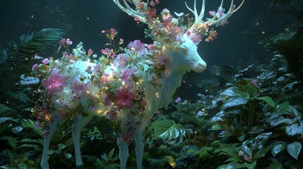 Majestic Fantasy Deer Adorned with Glowing Flowers in an Enchanted Forest