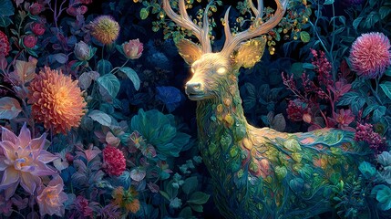 Majestic Fantasy Deer Adorned with Glowing Flowers in an Enchanted Forest