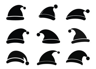 solid black silhouette of a santa claus hat vector set