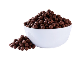 chocolate corn balls pouring out of ceramic  bowl isolated on white background.