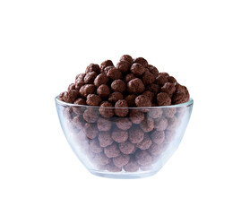 chocolate corn balls in a clear glass bowl isolated on a white background