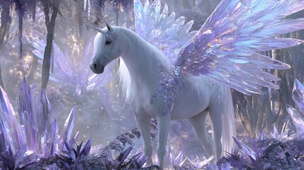 Majestic Crystal-Winged Unicorn in Enchanted Forest