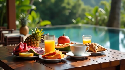 Tropical breakfast by the pool: Fresh fruit, juice, and pastries in a serene setting,A luxury breakfast spread with exotic fruits and poolside view for a relaxing morning