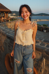 여름 휴양지 패션의 한국 여성