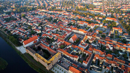 Aerial view on a sunny morning of the old town in the city Grimma in Germany