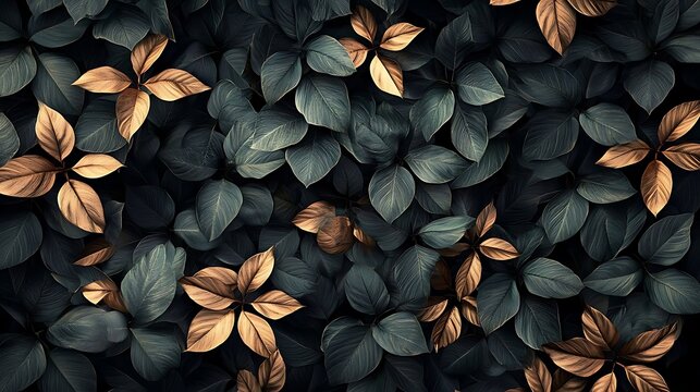 Dark teal  gold leaves texture.