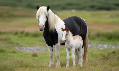 Fototapeta premium black and white horse in the field, Generative AI