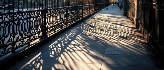 Fototapeta premium Long, narrow walkway with a metal railing on one side. the walkway is made of concrete and has a tiled surface.