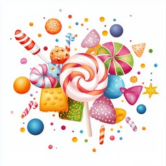 Colorful Candy Explosion with Lollipop and Assorted Sweets on White Background