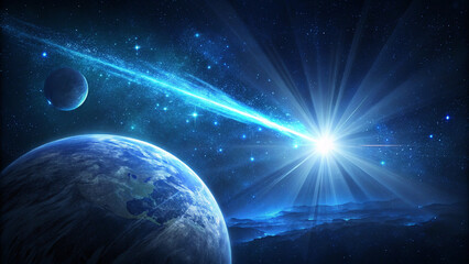 Blue light flare - flash light streak ray - large light flare behind the planet. The picture shows planet Earth viewed from space, with a bright starburst of light, resembling a sunrise or cosmic glow