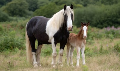 Obraz premium black and white horse in the field, Generative AI