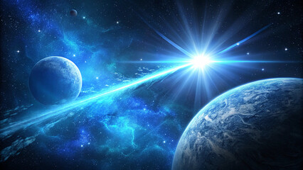 Blue light flare - flash light streak ray - large light flare behind the planet. The picture shows planet Earth viewed from space, with a bright starburst of light, resembling a sunrise or cosmic glow