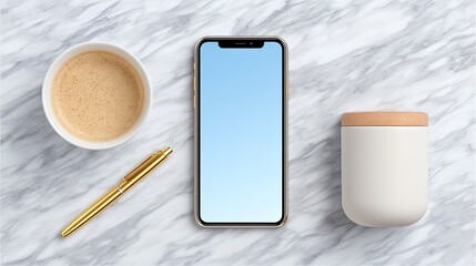 Smartphone Beside Notes Pen and Coffee Cup on Marble Surface