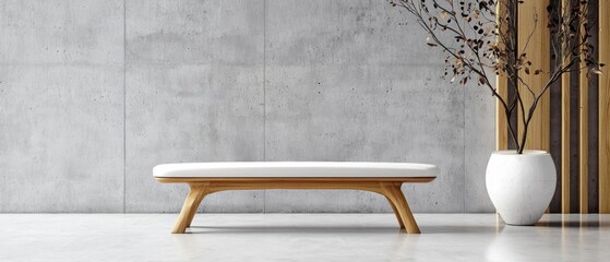 Modern minimalist interior design with a concrete wall in the background. in the foreground, there is a white bench with a wooden frame and a white cushion on top.