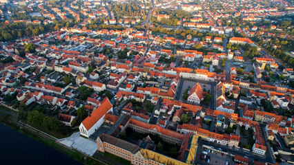 Aerial view on a sunny morning of the old town in the city Grimma in Germany
