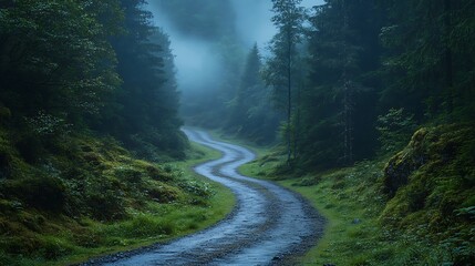 Winding road through misty forest