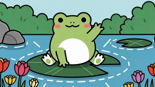 Cute Frog in a Peaceful Pond Cartoon Style Animation.