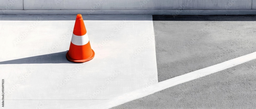Poster orange traffic cone on a concrete surface. the cone is positioned in the center of the image and is 