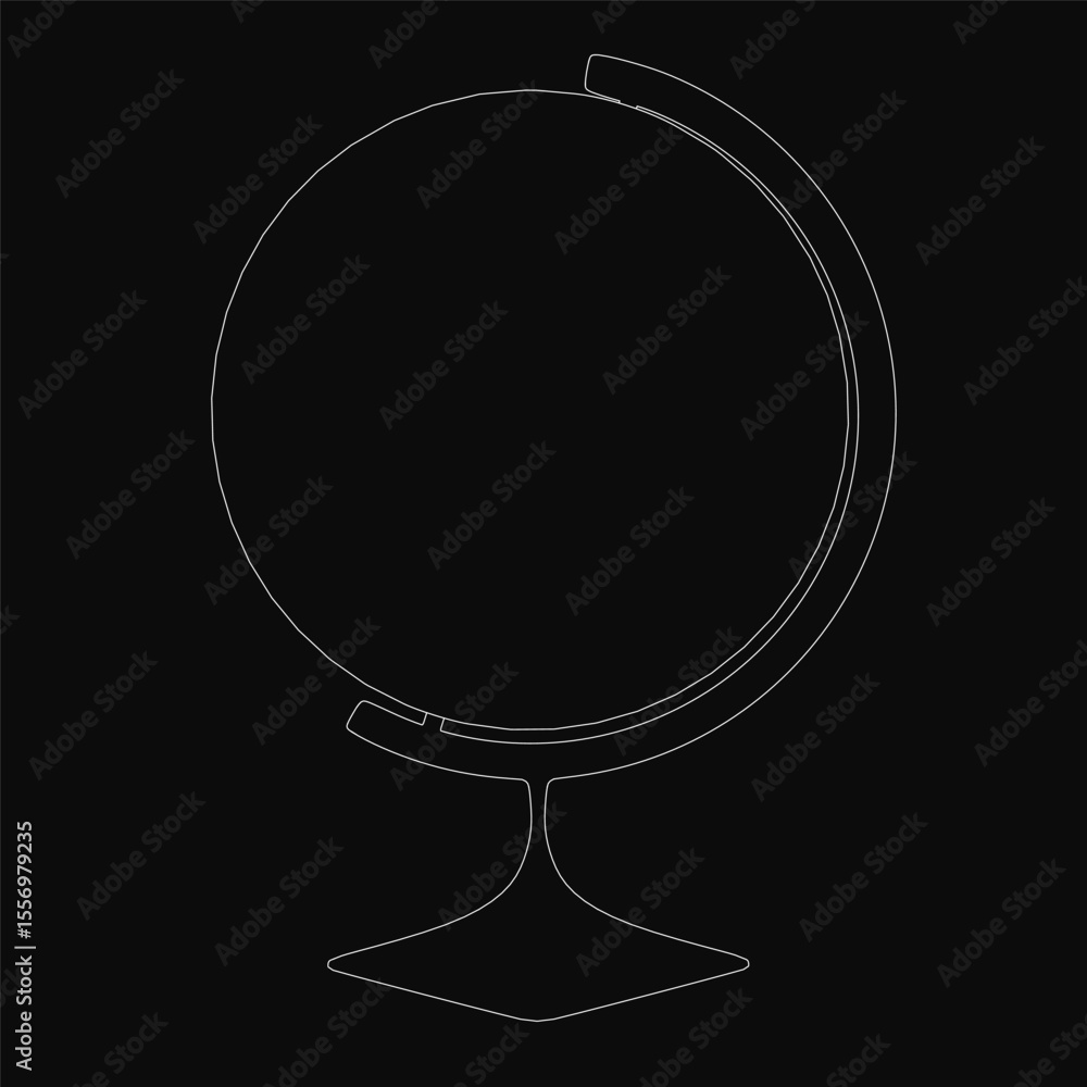 Poster black and white line drawing of a globe centered on a dark background, featuring clean outlines and 