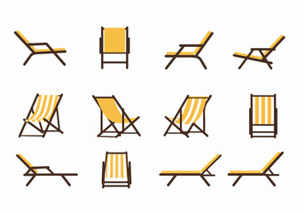 Set of simplified beach and deck chair vector illustrations in various views, perfect for summer relaxation and vacation themes.