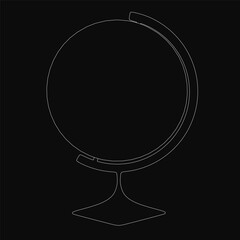 Black and white line drawing of a globe centered on a dark background, featuring clean outlines and minimalist style. The continents are clearly defined with thin strokes, creating an elegant