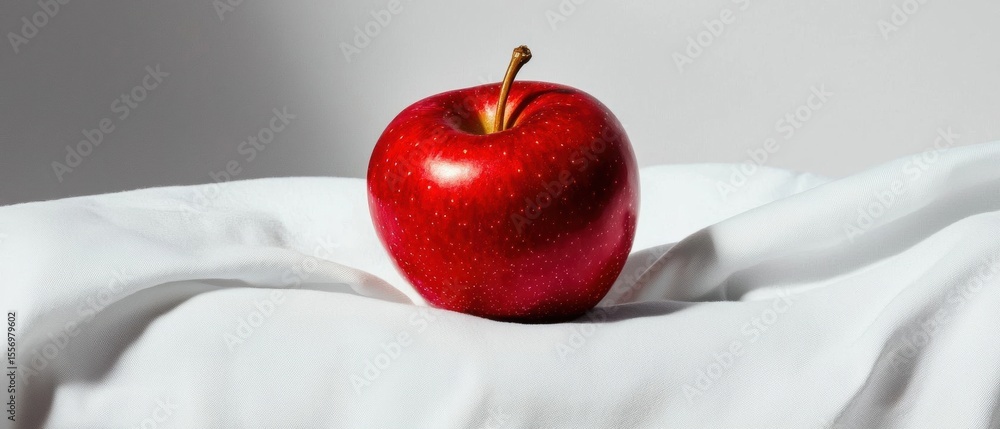 Poster close-up of a red apple lying on a white cloth. the apple is in the center of the image, with its st