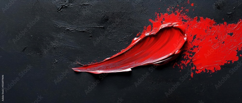 Poster close-up of a red paint splatter on a black background. the paint is in the shape of a curved line, 