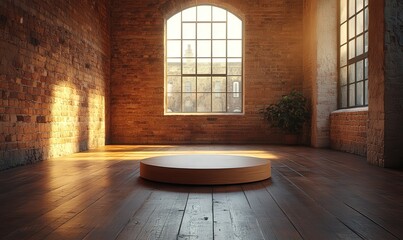 Brick room with arched window wooden floor and circular platform lit by sunlight