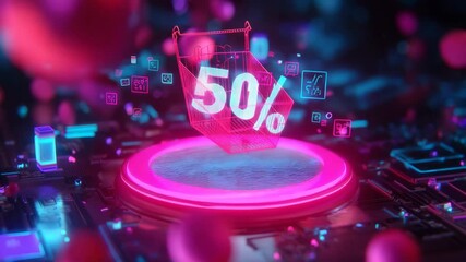 Neon Shopping Cart with a 50% Discount Offer for Online Commerce and Sales Promotions