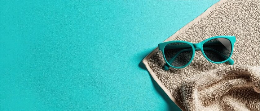 Pair of turquoise-colored sunglasses resting on top of a beige towel. the sunglasses have a round frame and dark lenses. the towel is folded neatly on the right side of the image.