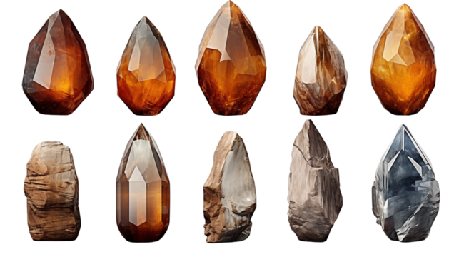 Gemstones collection showcases assorted minerals and crystals with rich amber tones and unique geological formations transparent.