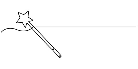Magic stick continuous one line drawing. Line art Magic Wand, Magic wand linear drawn illustration continuous icon. Magic staff black one line vector icon, continuous line drawing of magic wand with. 