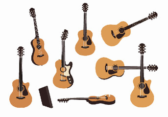 Scattered illustration of various acoustic and electric guitars on a white background, depicting musical instruments and equipment for music themes.