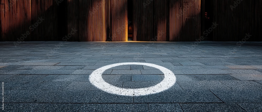 Poster empty parking lot with a white circle in the center. the parking lot is made up of gray tiles arrang