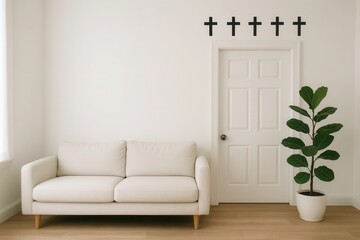A white couch sitting in a living room next to a door