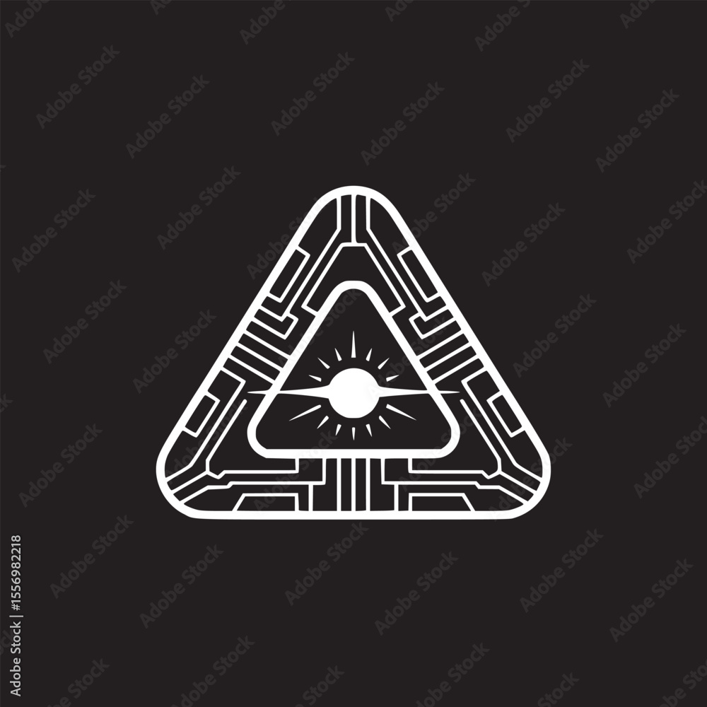 Poster illuminated triangle with circuit board design and central light on a stark black background image