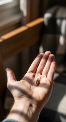 Obraz premium Hand Holding Supplement Capsule Close-up View of a Person's Palm with a Single Vitamin Supplement in a Brightly Lit Setting, Healthcare, Wellness, and Dietary Support Concept