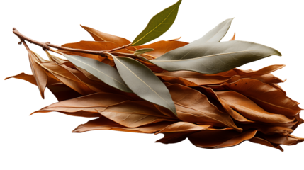 A bay laurel wreath with dried and fresh leaves rests on a bright white surface in natural lighting transparent.