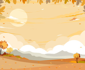 Autumn landscape with Sunset yellow sky,cloud over forest tree,Vector illustration Cartoon Banner Nature Orange Foliage Rural Farm field in countryside with sunrise