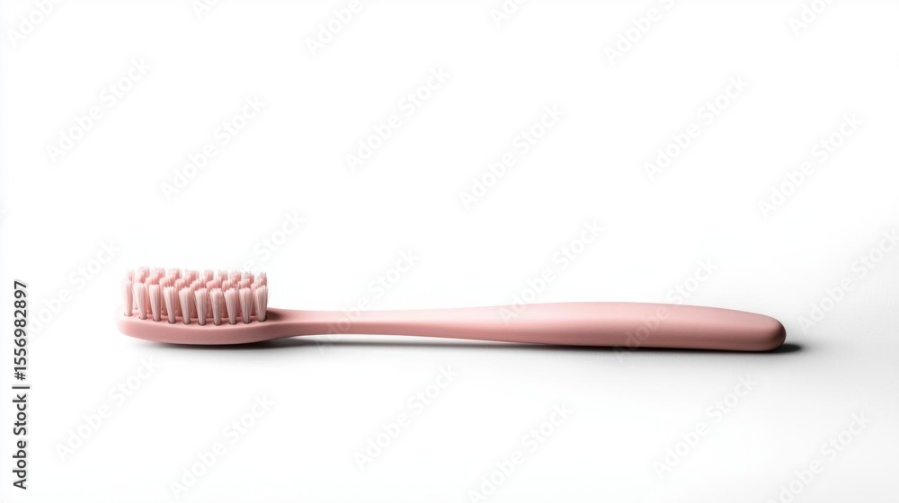 Poster 3d rendering of a pink toothbrush. the toothbrush has a long handle with a curved end and a round head with small bristles.