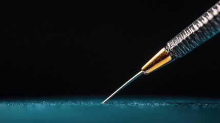 Close-up of a needle with a gold-colored tip. the needle is resting on a blue surface with a black background.