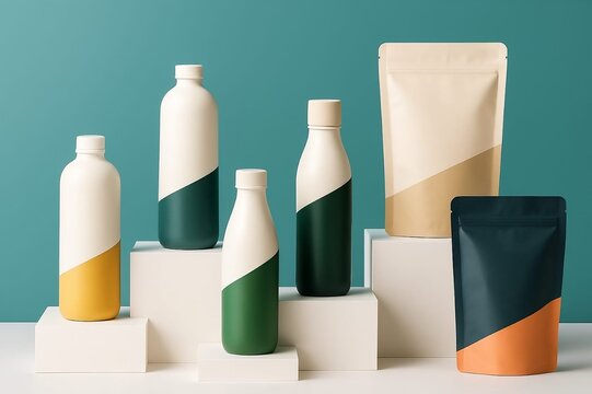 Elegant Minimalist Beverage and Snack Packaging Display with Modern Design for Organic and Healthy Lifestyle Product Presentation