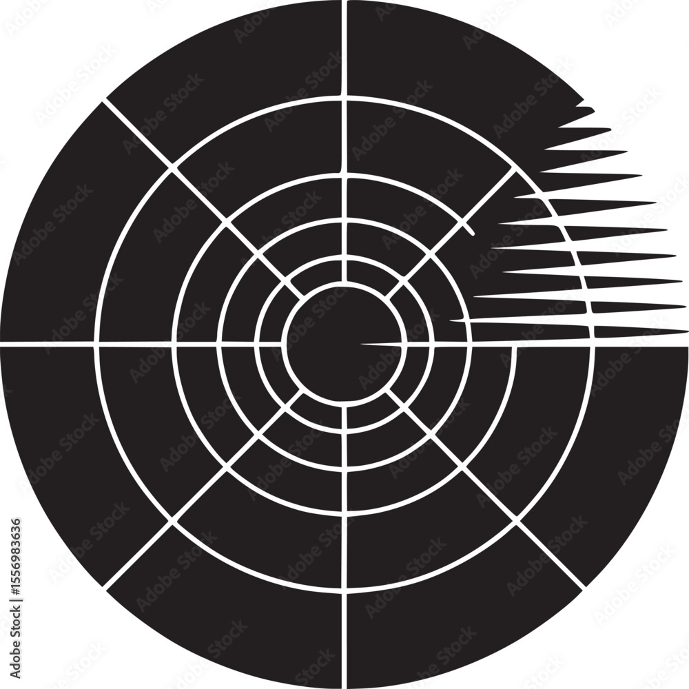 Poster a black and white circular target with concentric circles and lines with a jagged edge on the right