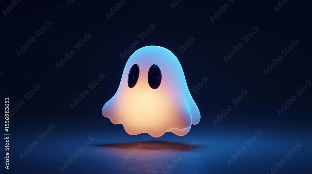 Poster 3d rendering of a small, ghost-like object in the center of a dark blue background. the object appears to be floating in the air, with its body slightly tilted to the side.