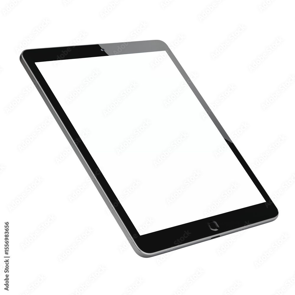 Poster modern sleek tablet device with a blank white screen angled on a transparent background isolated on 