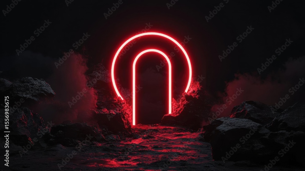 Poster digital art piece that appears to be a 3d rendering of a red neon sign in the shape of an arch.